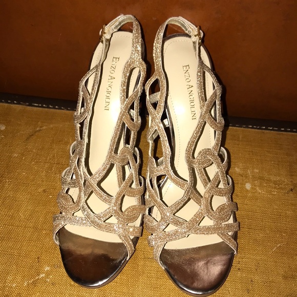 Enzo Angiolini Cage Sling Back Glitter Gold Wedge - Picture 2 of 7